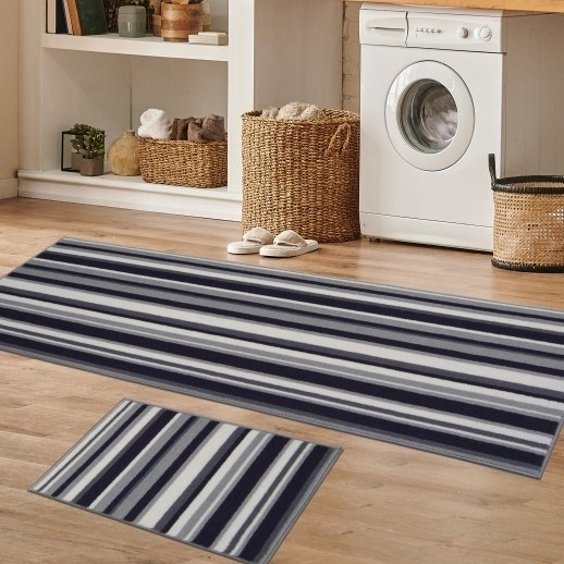 Deco Stripe Modern Washable Runner Mat in Anthracite Grey